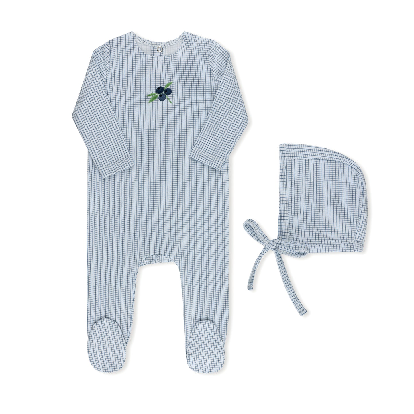 Cherry and blueberry checked baby layette set in cotton-spandex