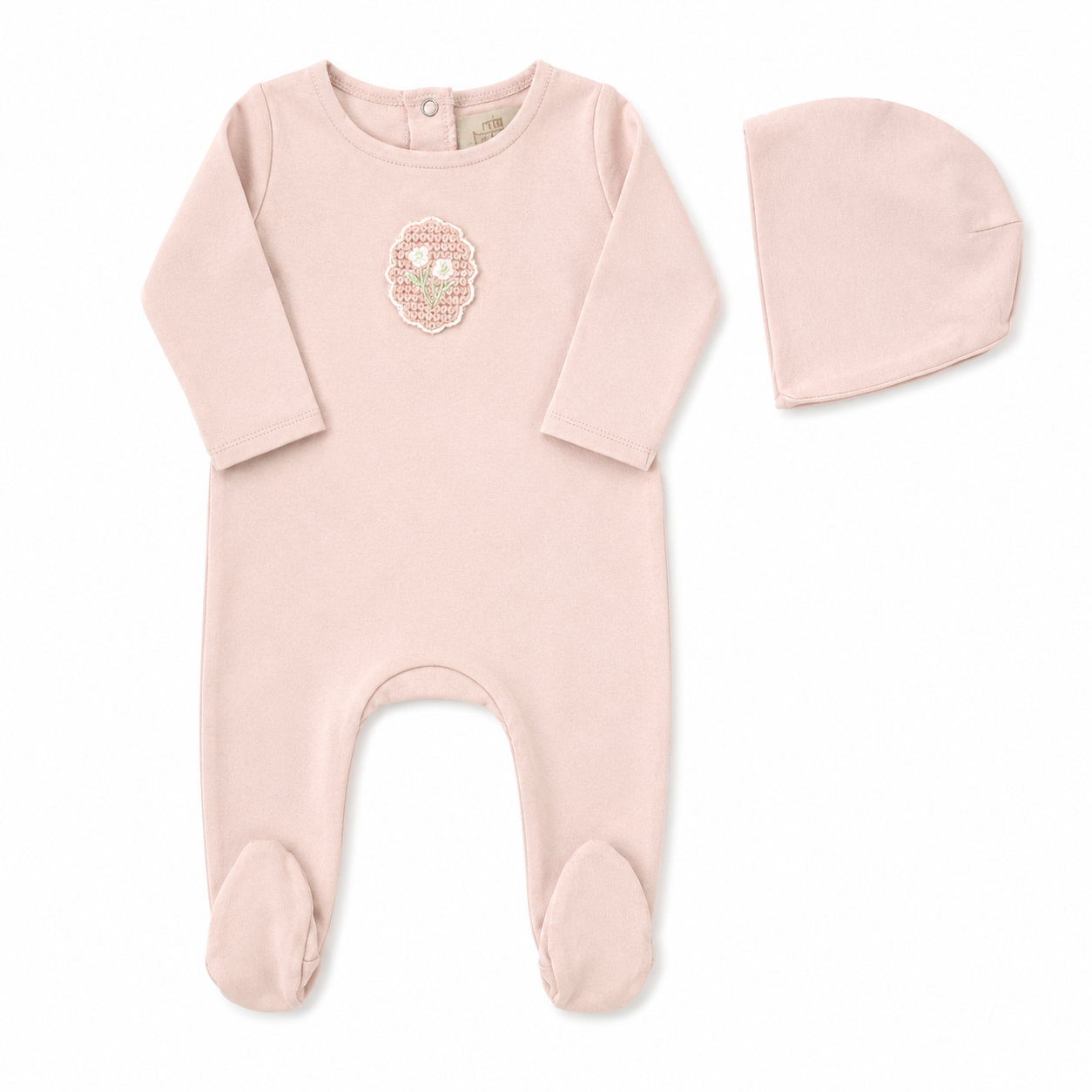 Cotton baby footie with crochet appliqué and matching bonnet