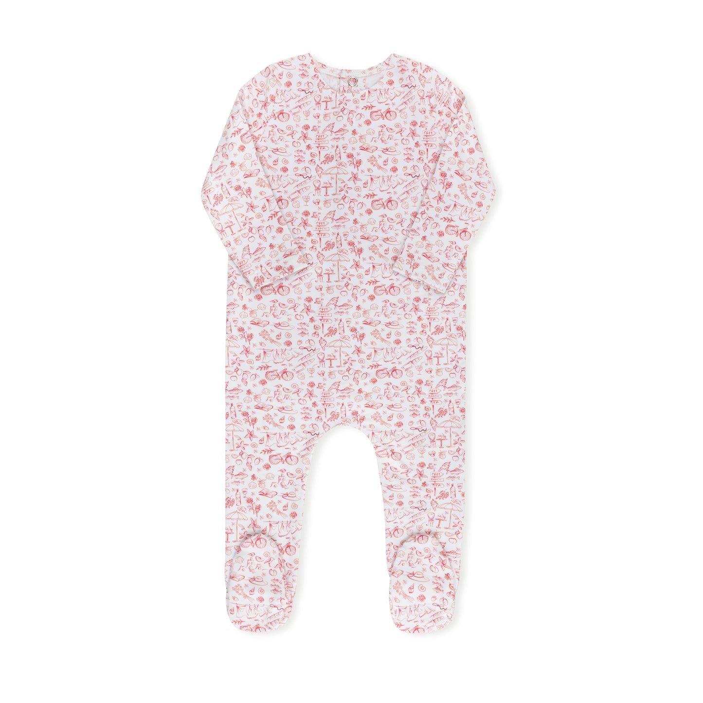 Summer print baby footie in cotton-spandex with matching hat, blue and pink