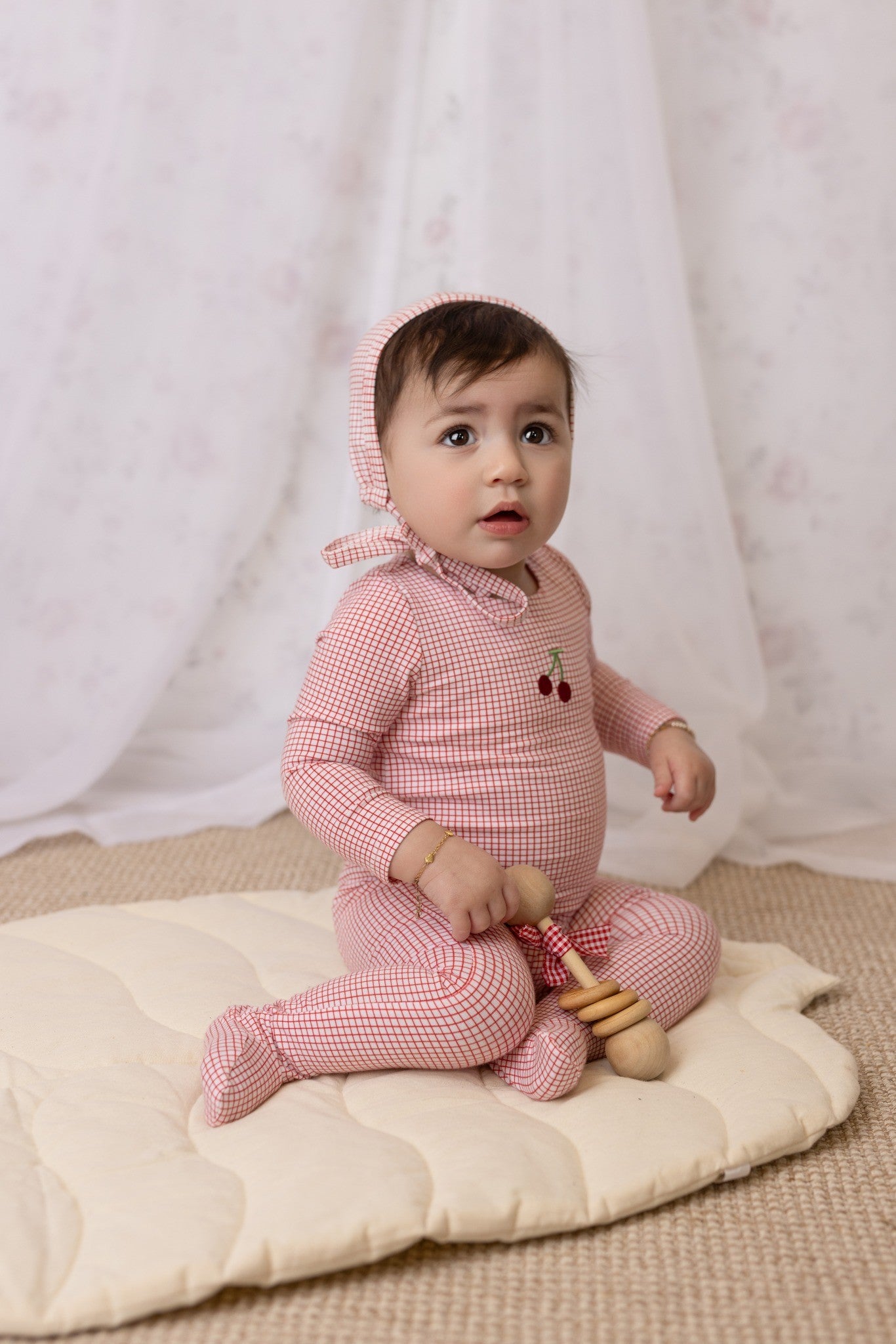 Cherry and blueberry print checked baby footie in cotton-spandex with hat