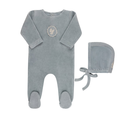 Crochet Applique Layette Set (Velour  Edition)  Blanket/Footie/Hat