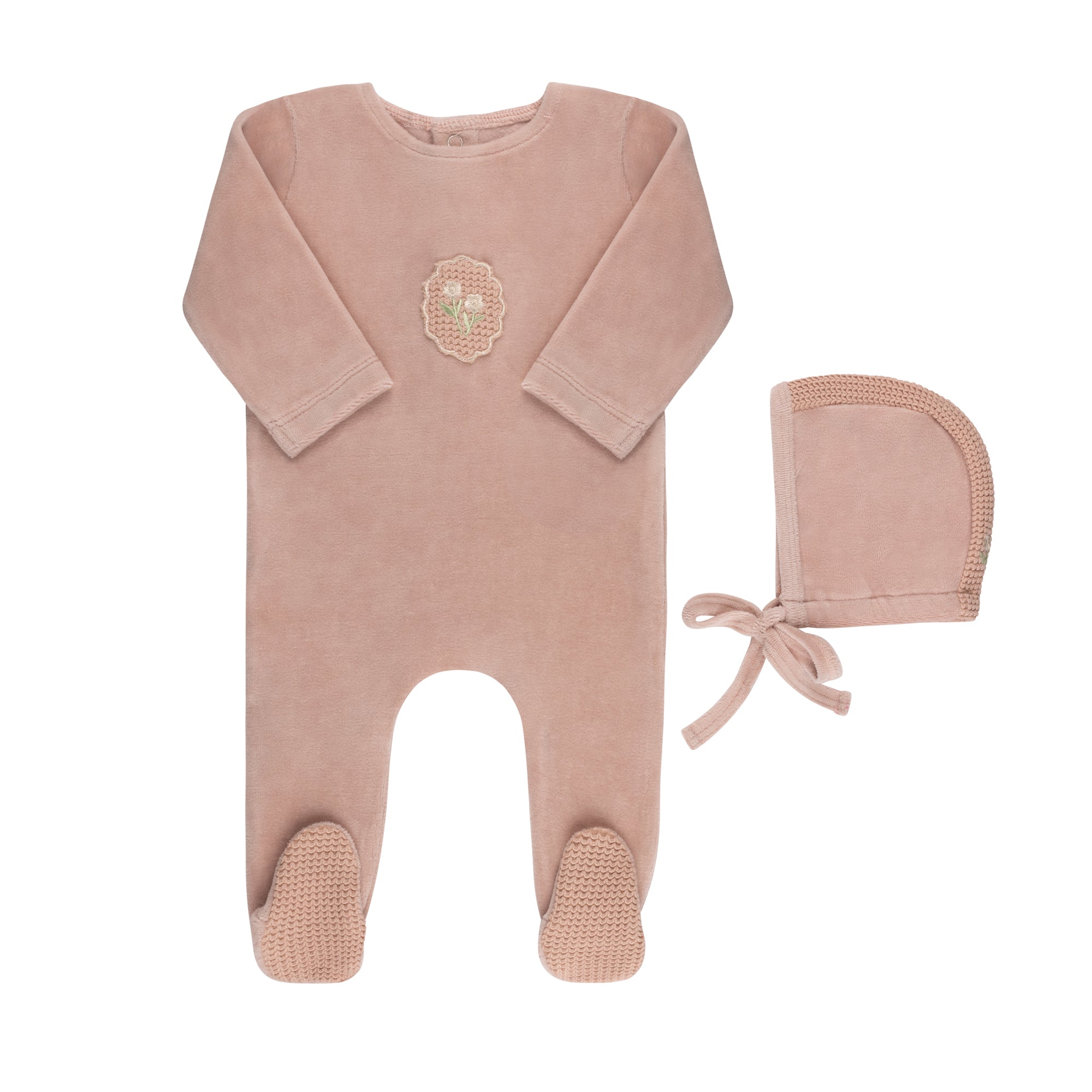 Crochet Applique Layette Set (Velour  Edition)  Blanket/Footie/Hat