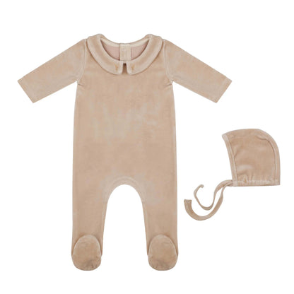 Embroidered Collar Velour Footie and Bonnet