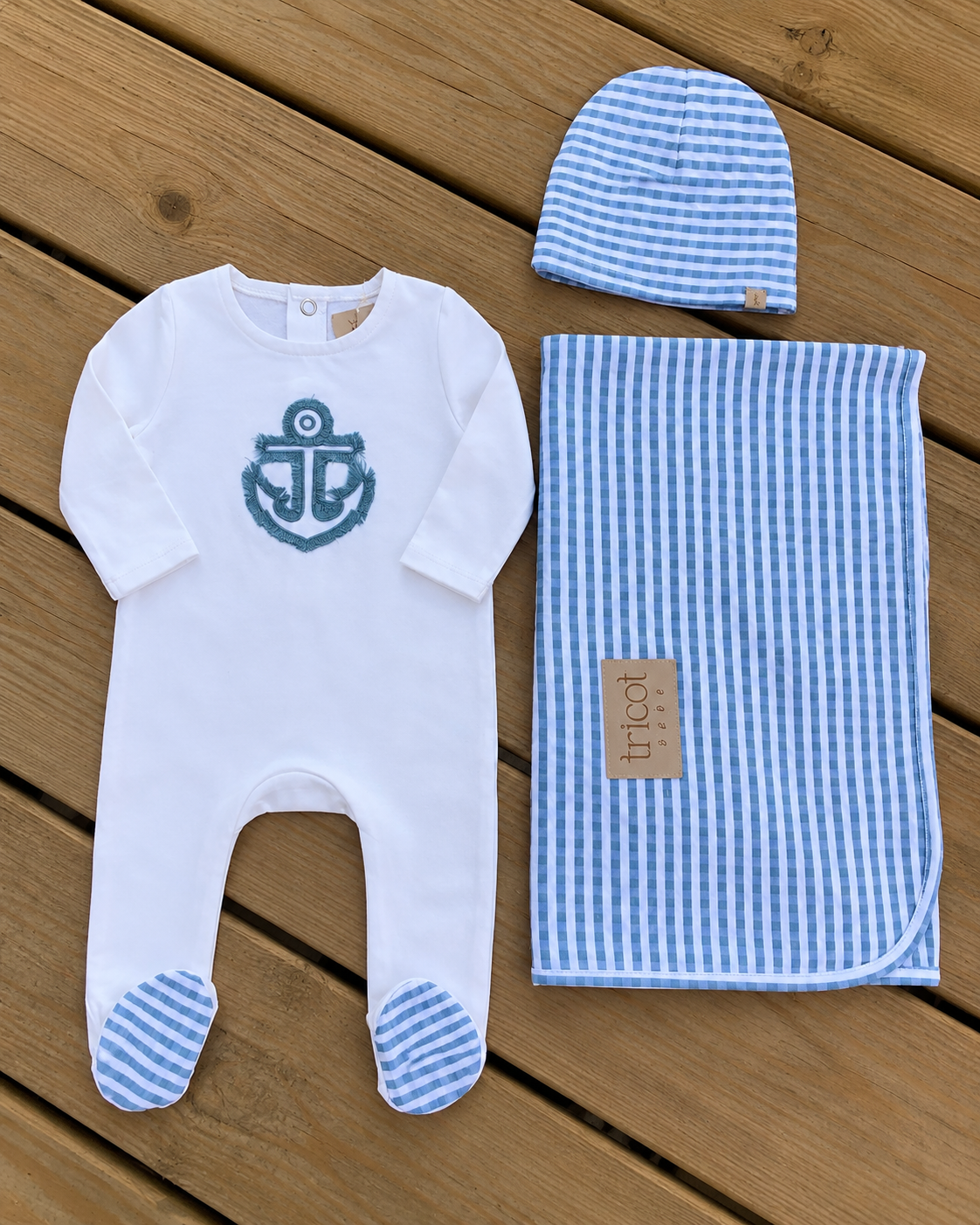 Checked fringe baby layette set with footie and bonnet by Tricot Bebe