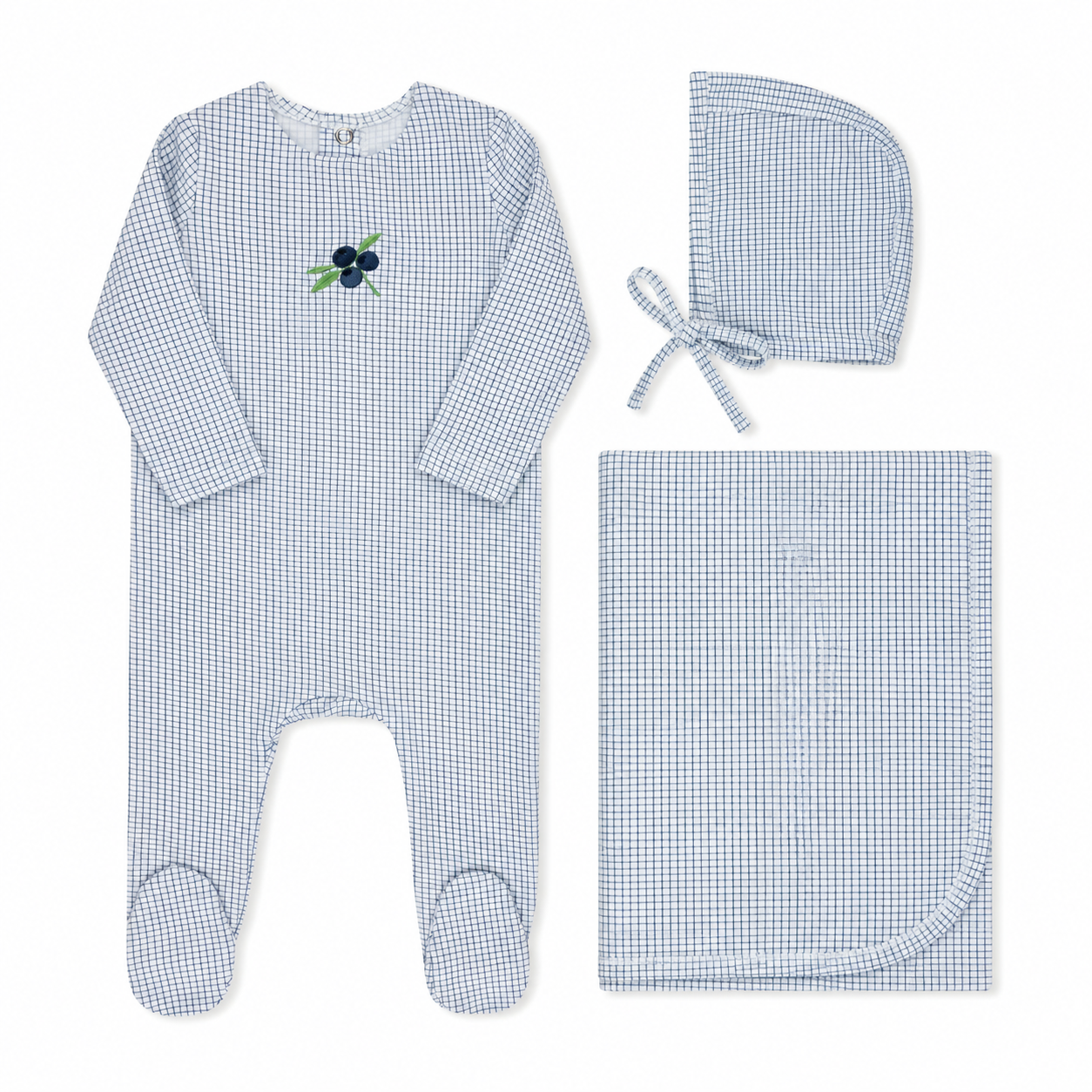 Cherry and blueberry checked baby layette set in cotton-spandex