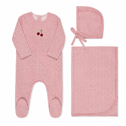 Cherry and blueberry checked baby layette set in cotton-spandex