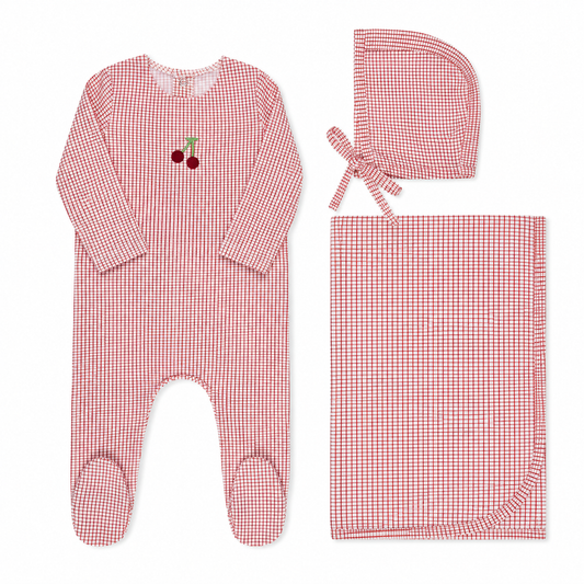 Cherry and blueberry checked baby layette set in cotton-spandex