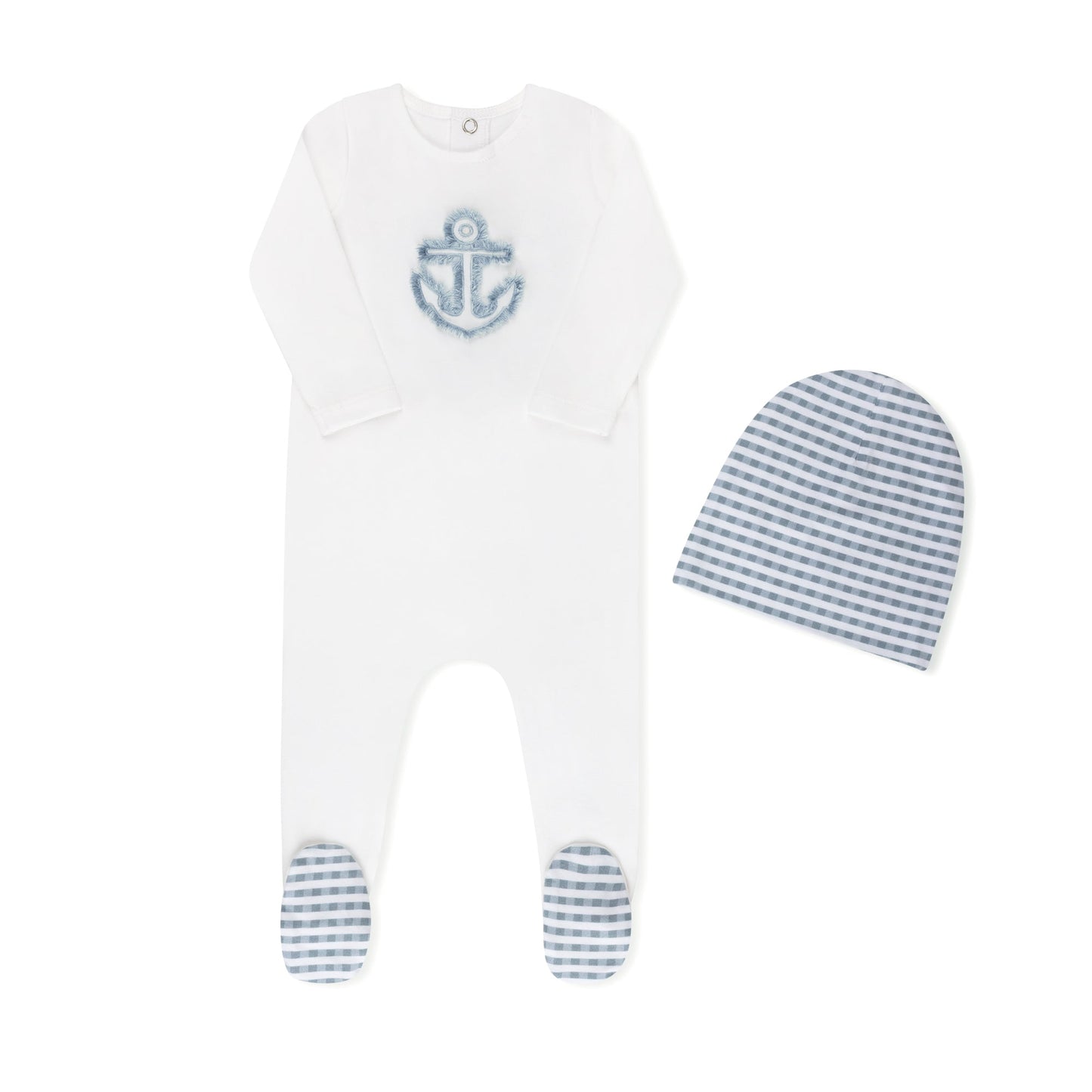 Checked fringe baby footie with matching hat in cotton-spandex, Tricot Bebe