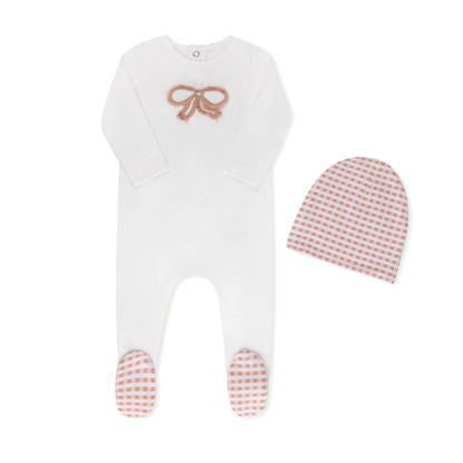 Checked fringe baby footie with matching hat in cotton-spandex, Tricot Bebe