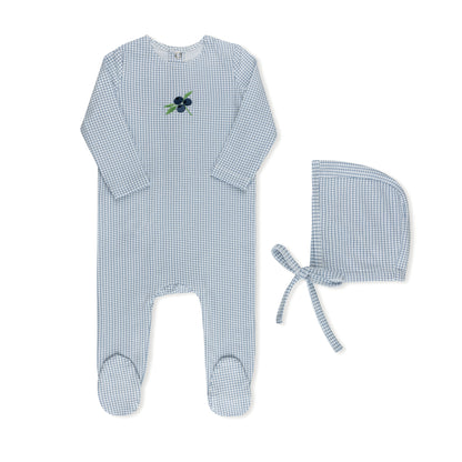Cherry and blueberry checked baby layette set in cotton-spandex