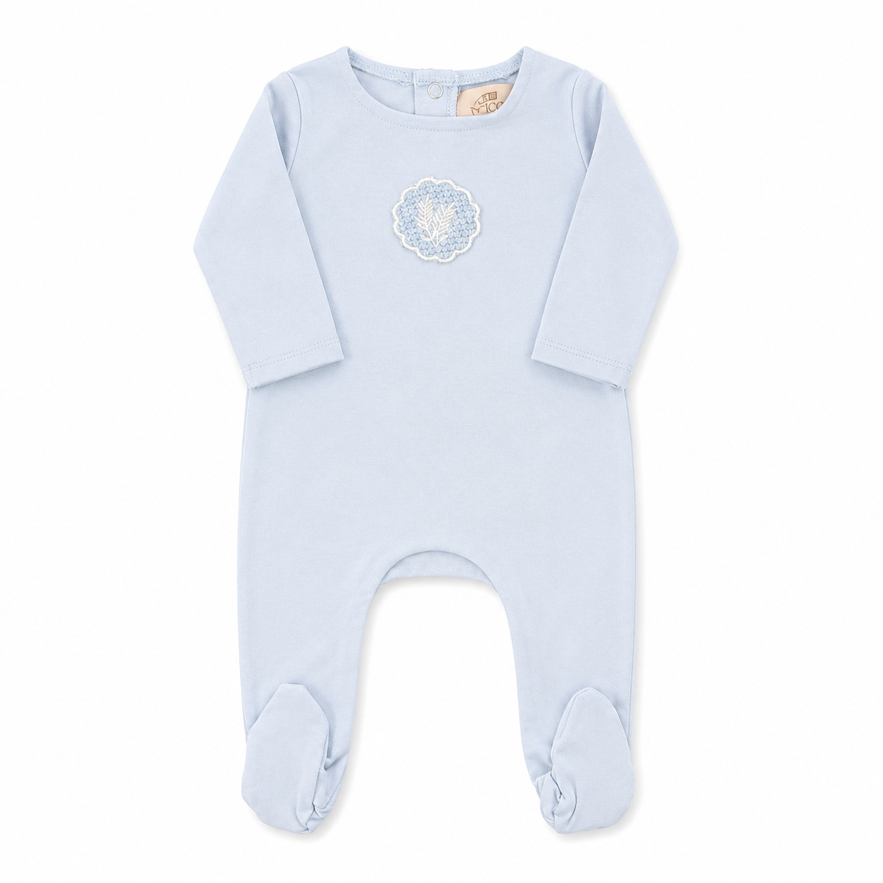 Cotton baby footie with crochet appliqué and matching bonnet