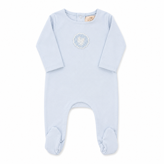 Cotton baby footie with crochet appliqué and matching bonnet