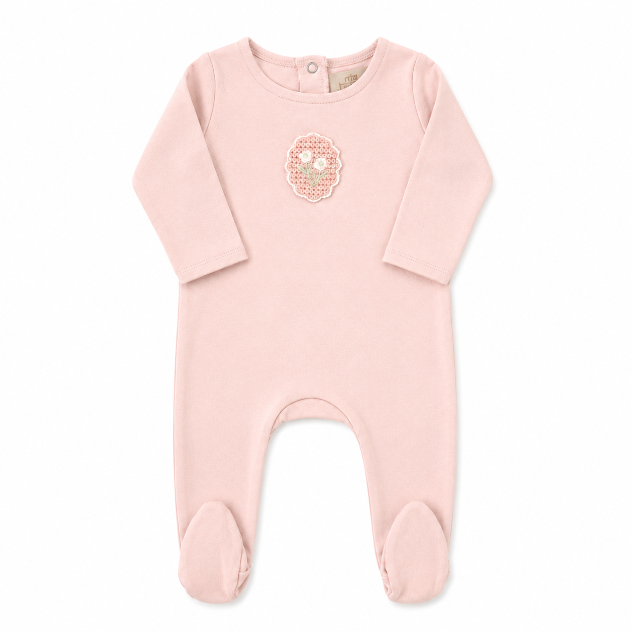 Cotton baby footie with crochet appliqué and matching bonnet