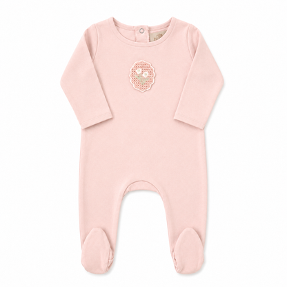 Cotton baby footie with crochet appliqué and matching bonnet