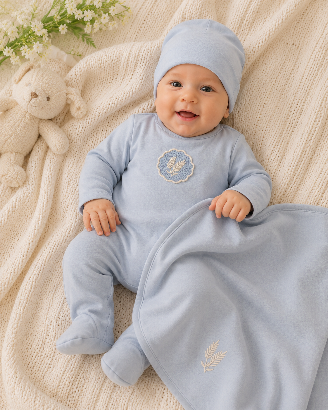 White cotton baby layette set with crochet appliqué detail and bonnet