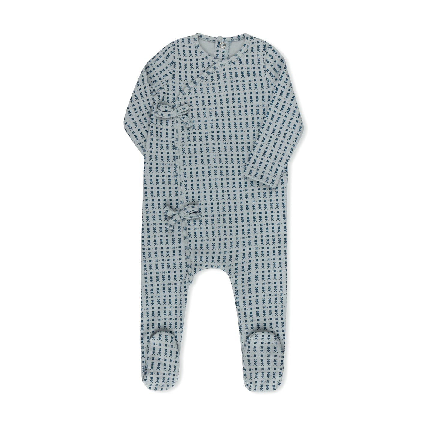 Ditsy floral print baby footie in soft cotton-spandex, blue and pink
