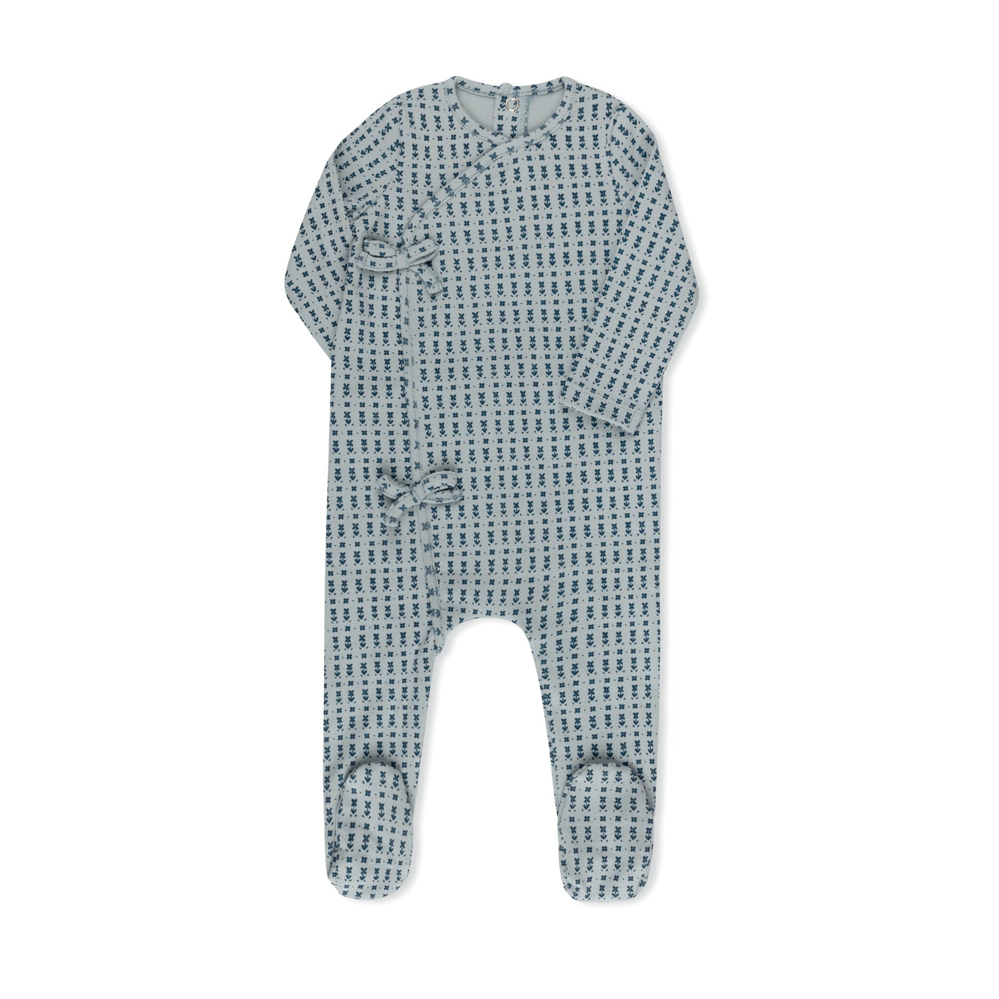 Ditsy floral print baby footie in soft cotton-spandex, blue and pink