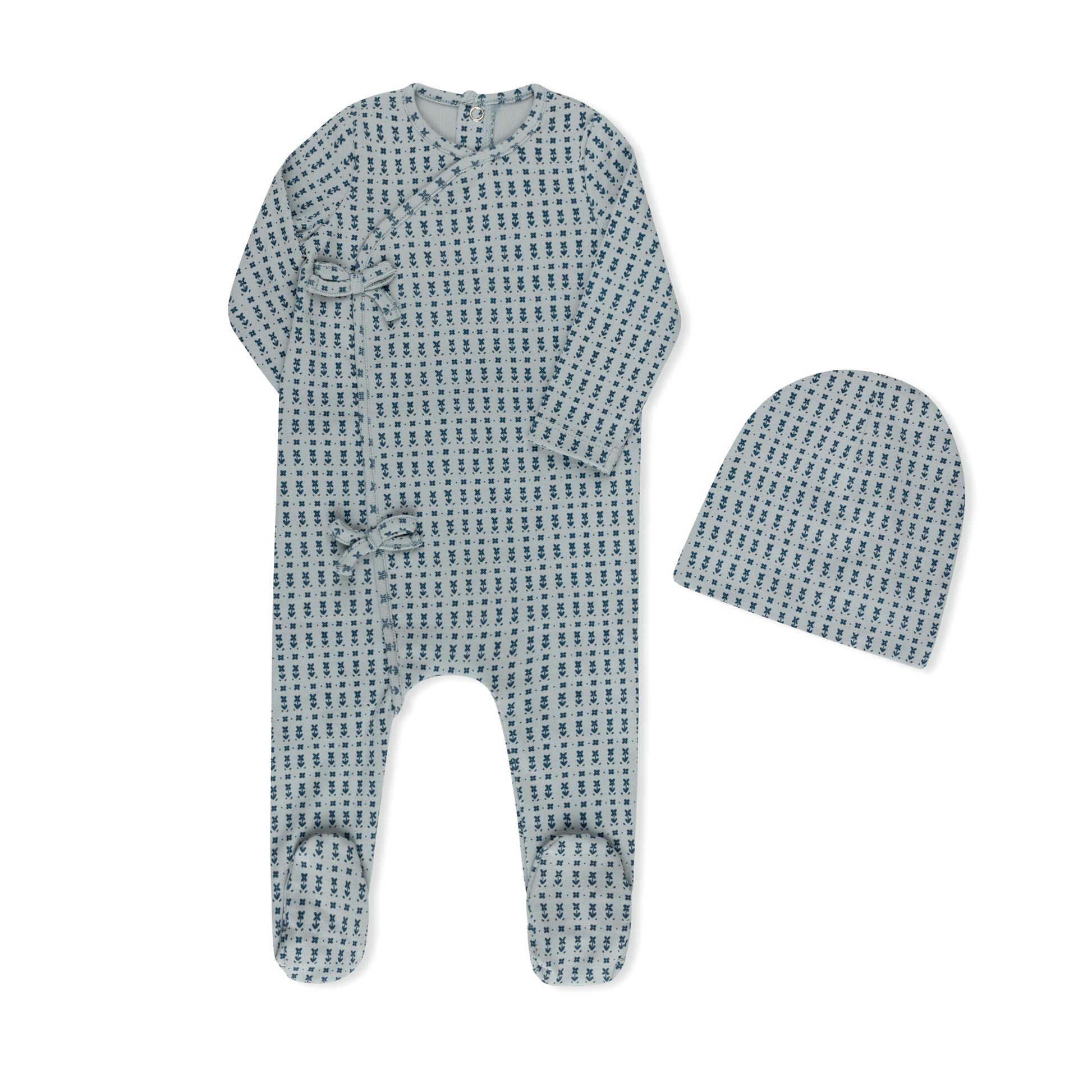 Ditsy floral print baby footie in soft cotton-spandex, blue and pink