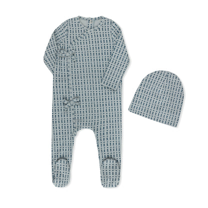 Ditsy floral print baby footie in soft cotton-spandex, blue and pink