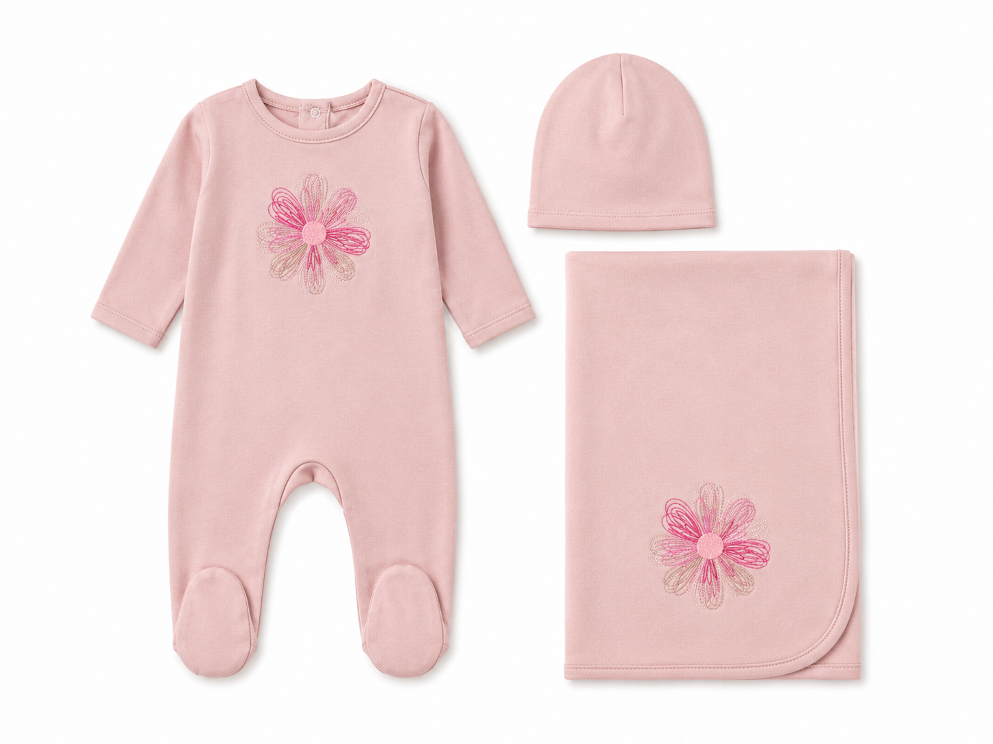 Embroidered flower and star baby layette set in cotton-spandex by Tricot Bebe