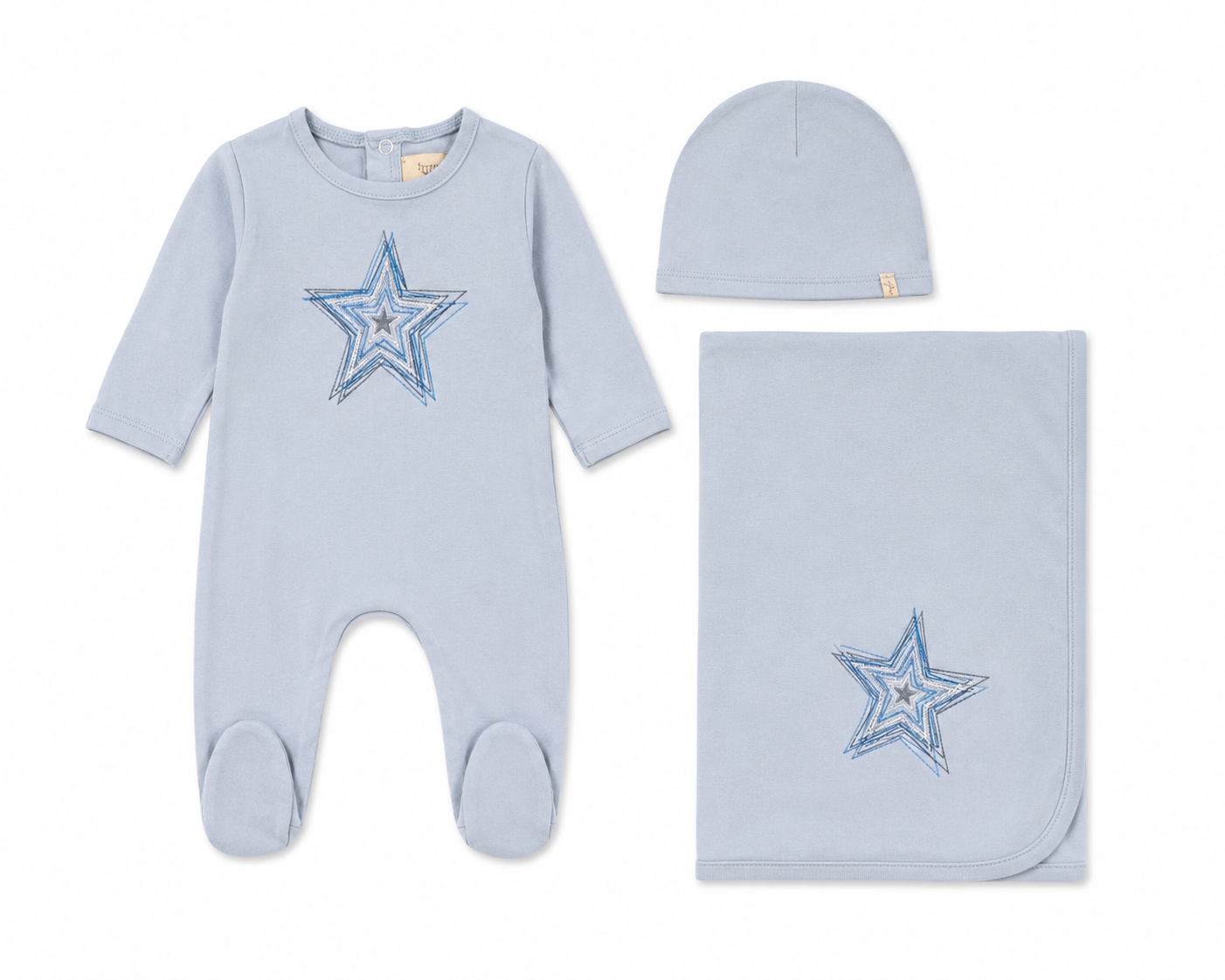 Embroidered flower and star baby layette set in cotton-spandex by Tricot Bebe