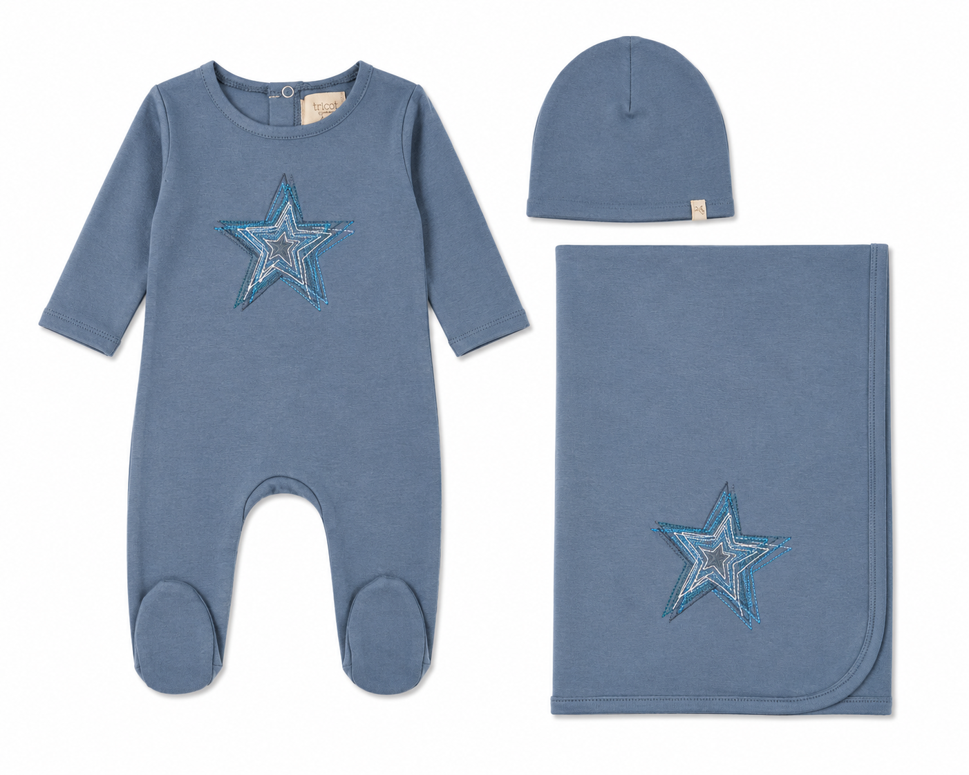 Embroidered newborn layette gift set with footie and bonnet, Tricot Bebe
