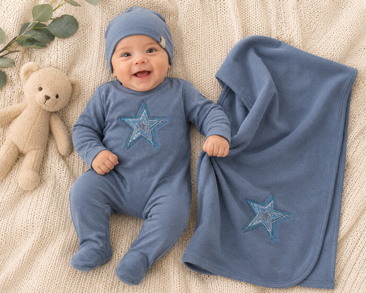 Embroidered newborn layette gift set with footie and bonnet, Tricot Bebe