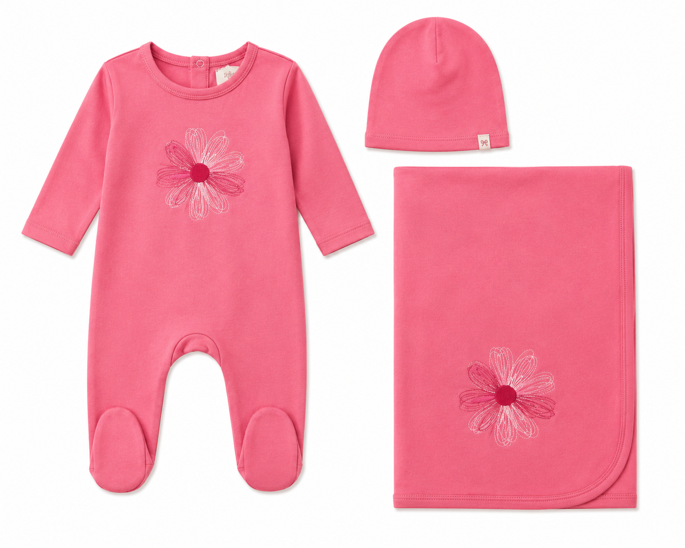 Embroidered newborn layette gift set with footie and bonnet, Tricot Bebe