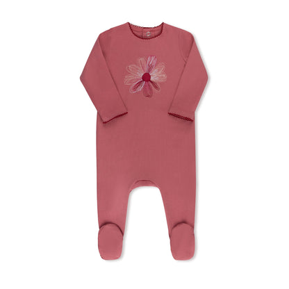 Hand-embroidered flower and star baby footie in cotton-spandex, 4 colors