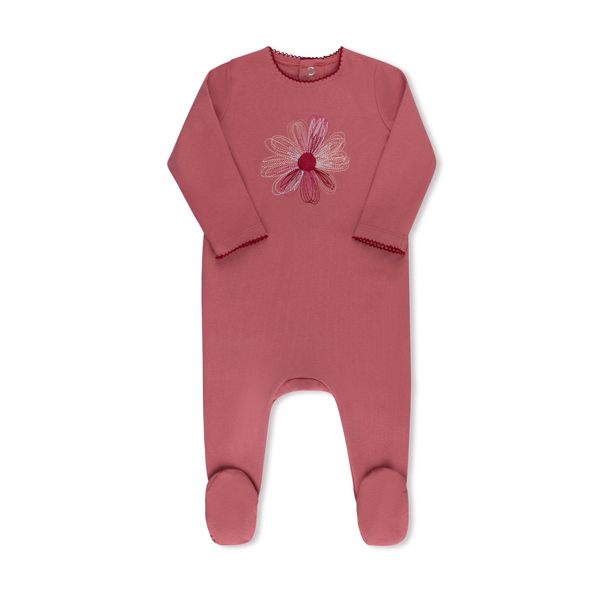 Hand-embroidered flower and star baby footie in cotton-spandex, 4 colors