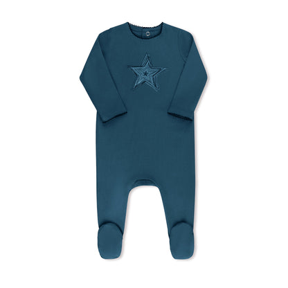 Hand-embroidered flower and star baby footie in cotton-spandex, 4 colors