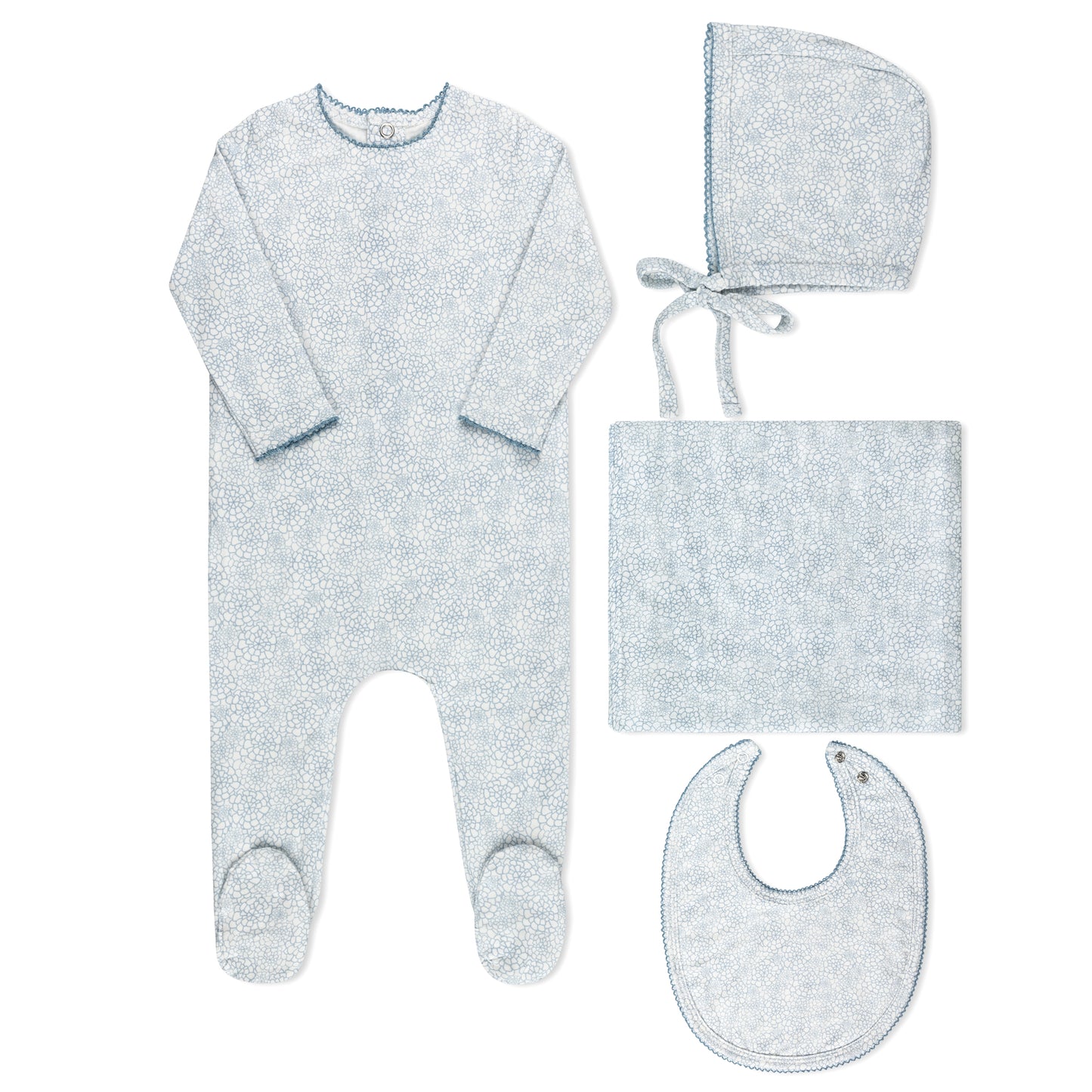 Faded floral watercolor print baby layette set in cotton-spandex