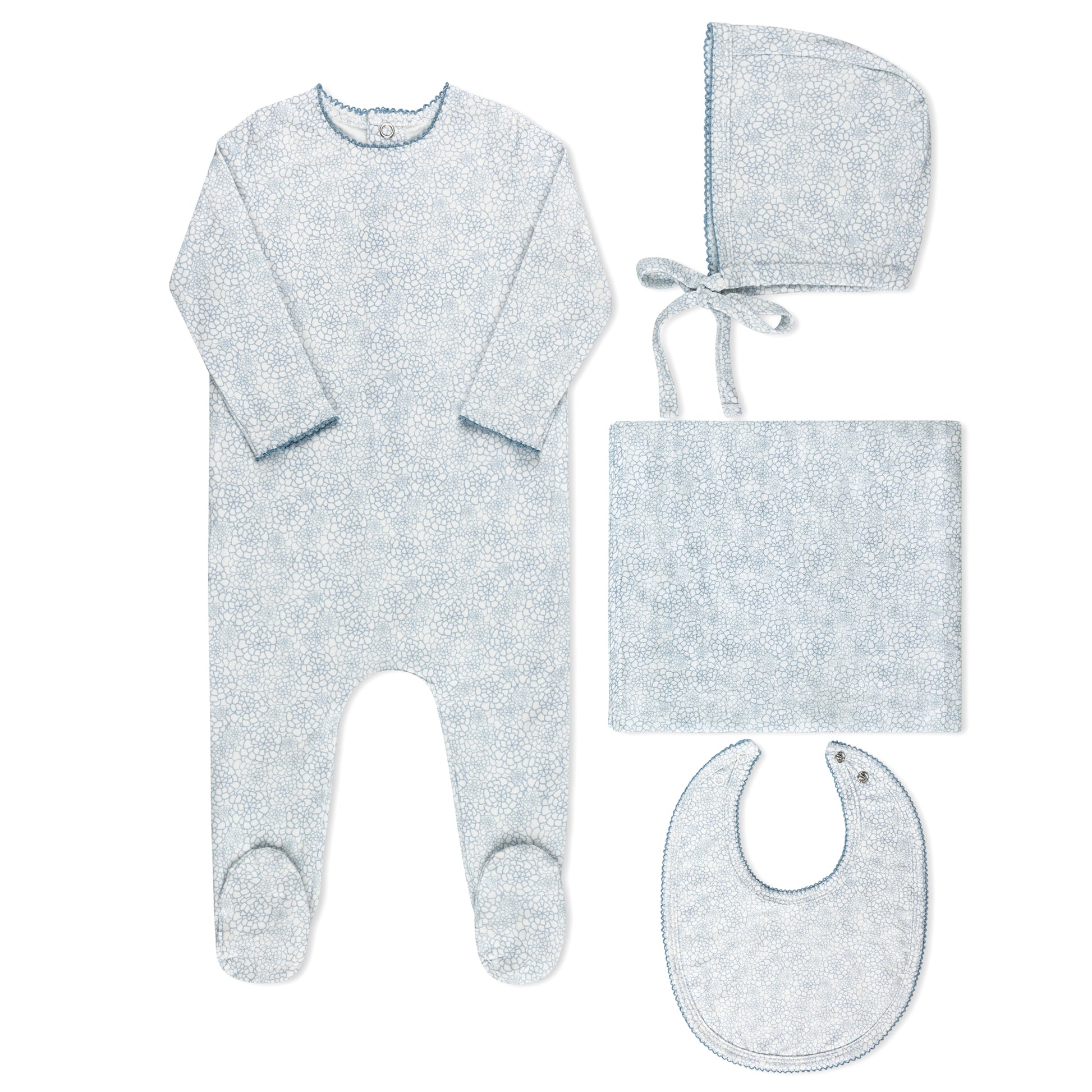 Faded floral watercolor print baby layette set in cotton-spandex