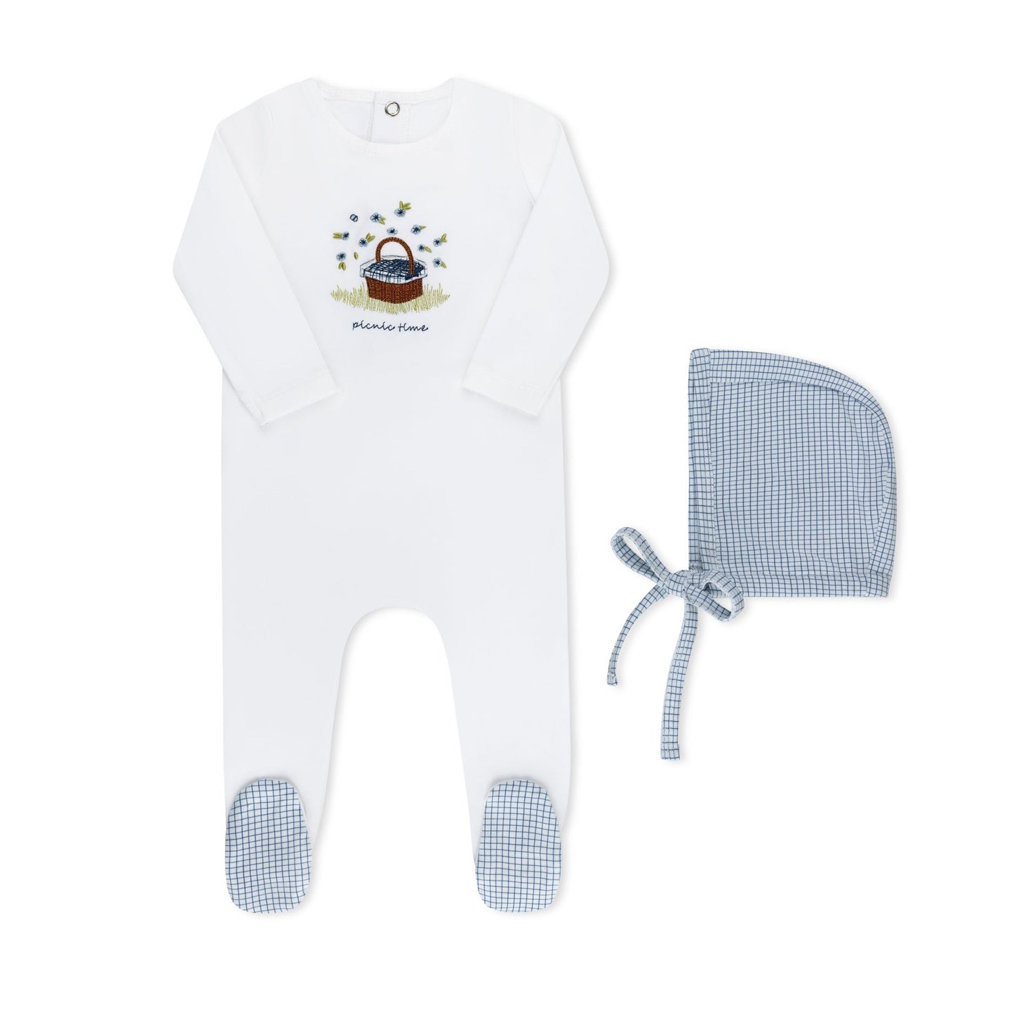 Picnic basket print baby footie in cotton-spandex, blue and red colorways