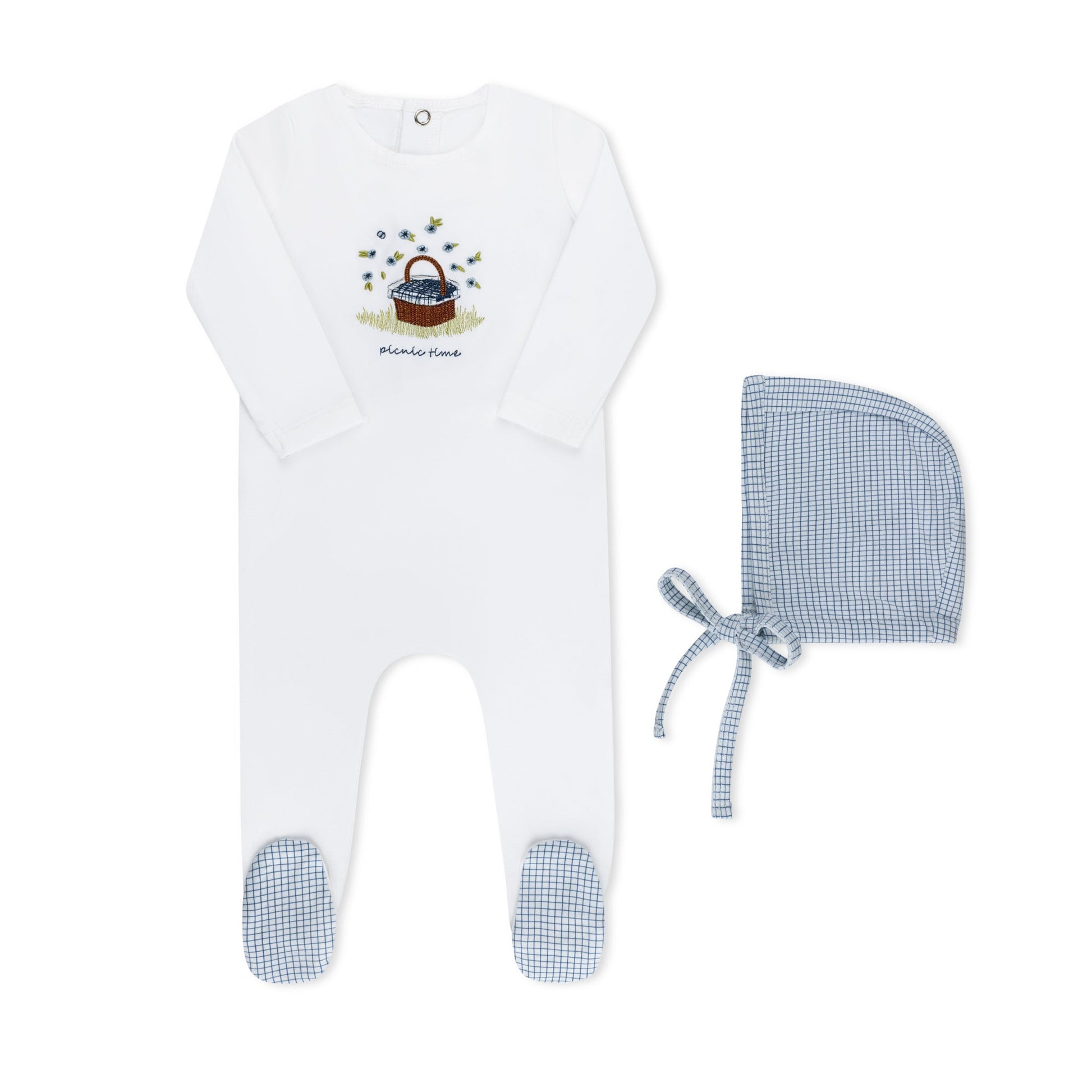 Picnic basket print baby footie in cotton-spandex, blue and red colorways