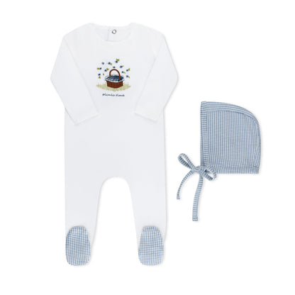 Picnic basket print baby footie in cotton-spandex, blue and red colorways