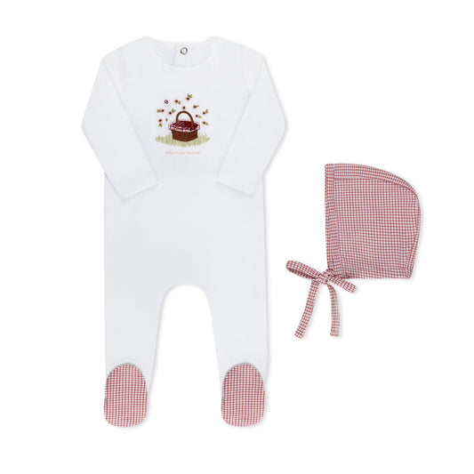 Picnic basket print baby footie in cotton-spandex, blue and red colorways