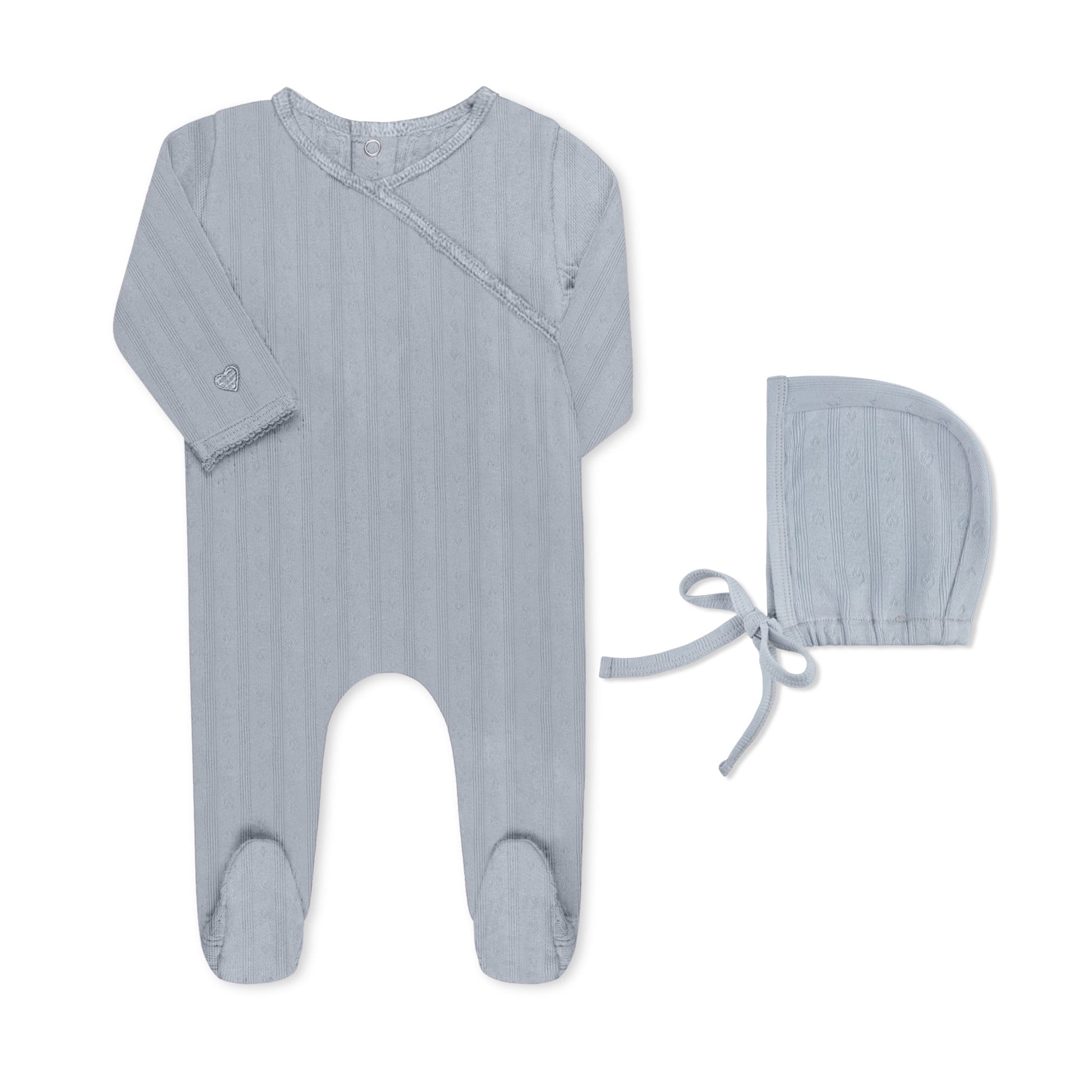 Pointelle kimono baby footie with circle heart cutout detail in cotton-spandex