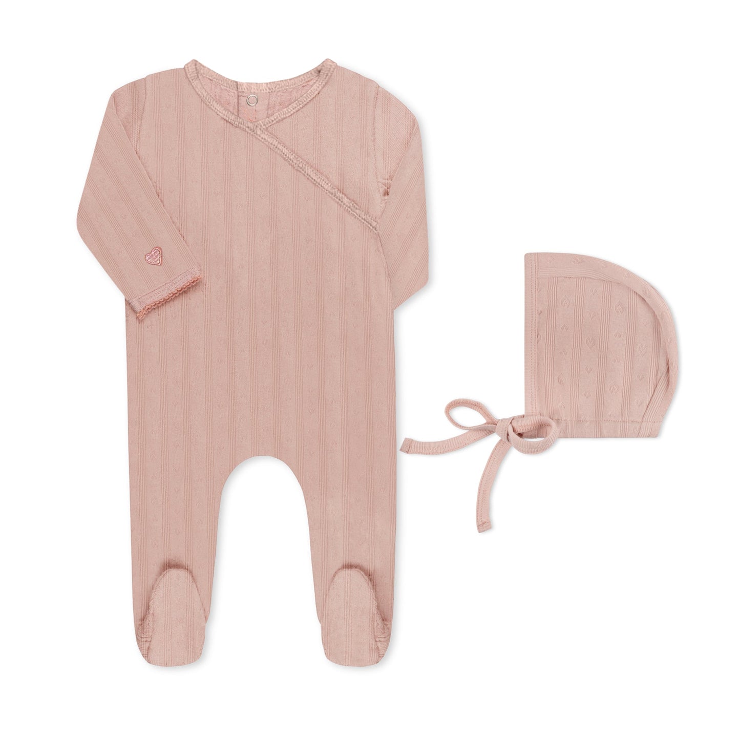 Pointelle kimono baby footie with circle heart cutout detail in cotton-spandex