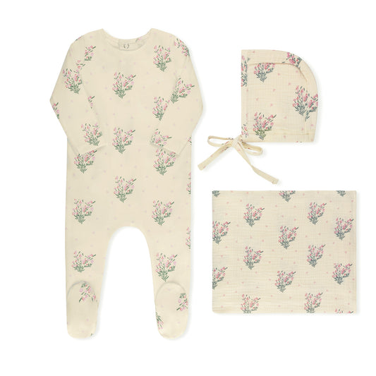 Scattered floral print baby footie in premium cotton-spandex, Tricot Bebe