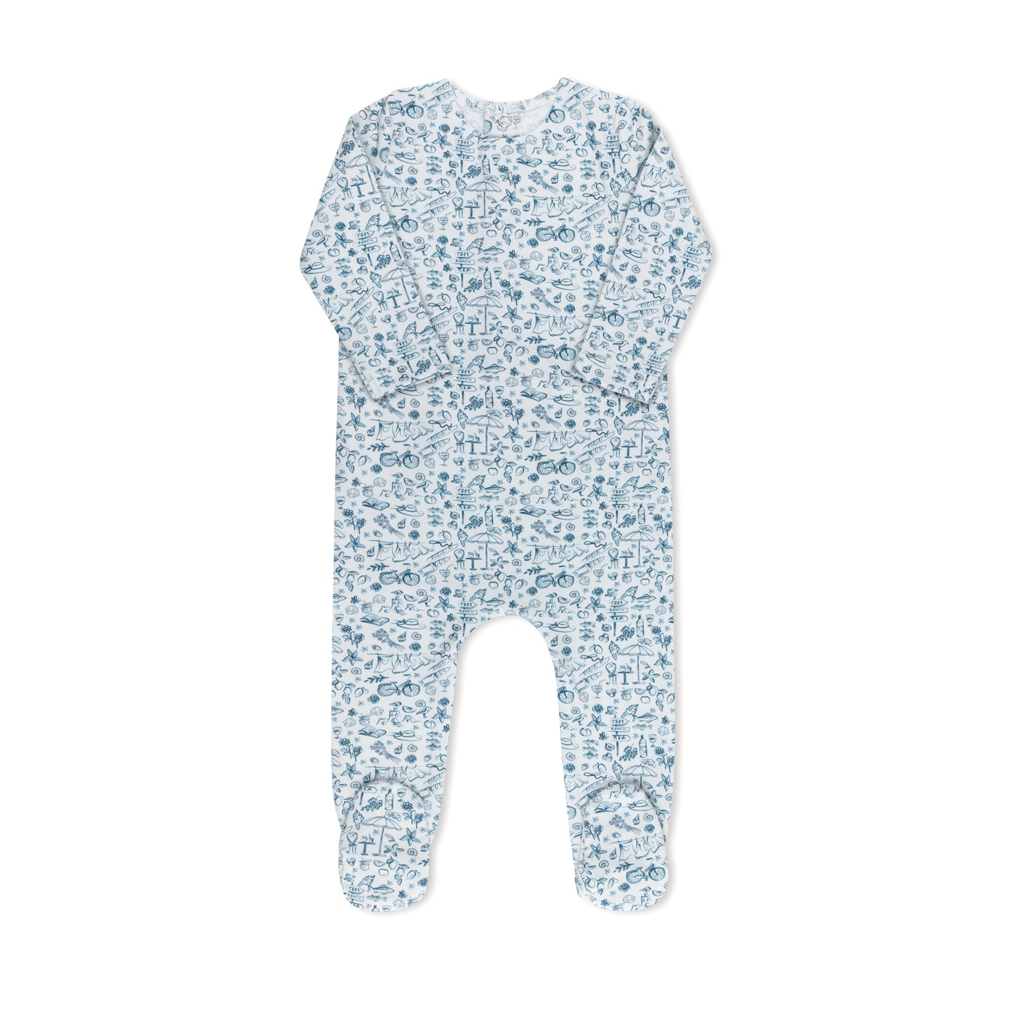 Summer print baby footie in cotton-spandex with matching hat, blue and pink