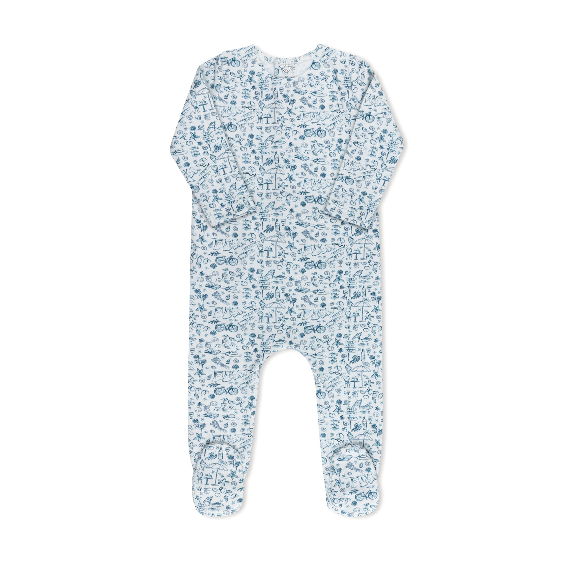 Summer print baby footie in cotton-spandex with matching hat, blue and pink