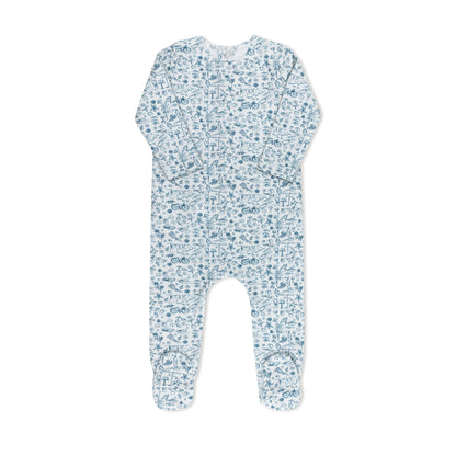 Summer print baby footie in cotton-spandex with matching hat, blue and pink