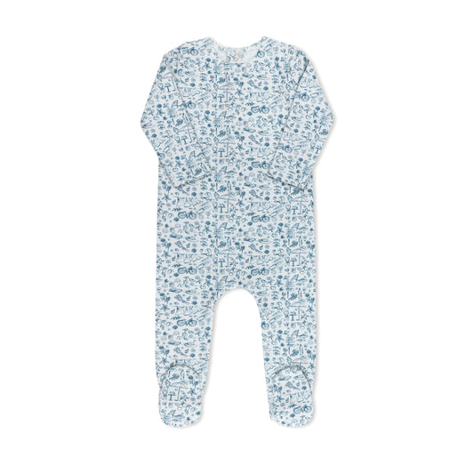Summer print baby footie in cotton-spandex with matching hat, blue and pink