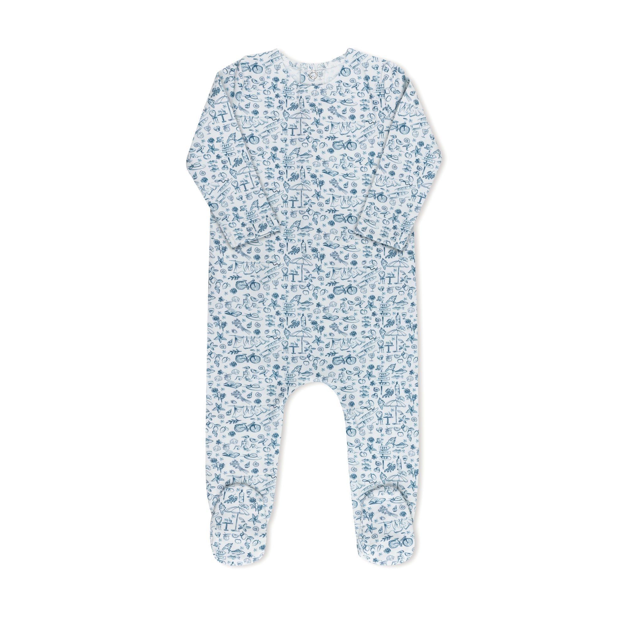 Summer print baby footie in cotton-spandex with matching hat, blue and pink