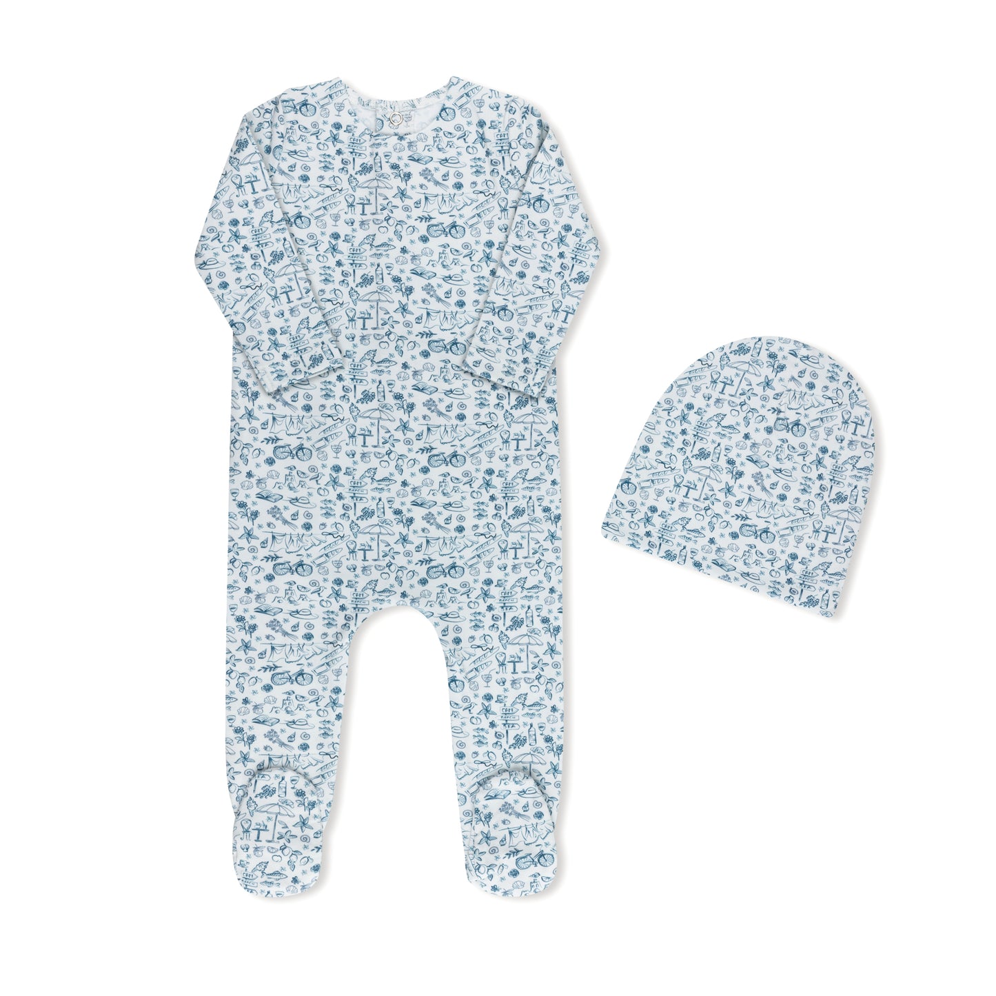 Summer print baby footie in cotton-spandex with matching hat, blue and pink