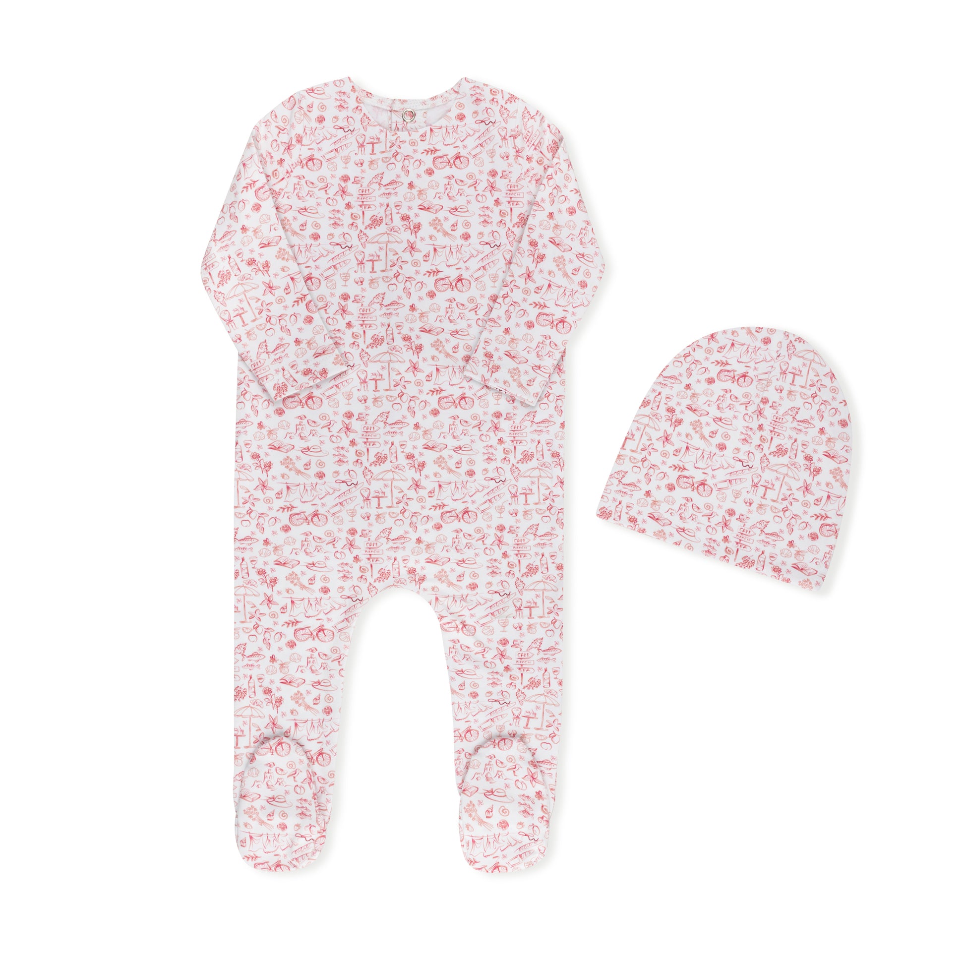 Summer print baby footie in cotton-spandex with matching hat, blue and pink