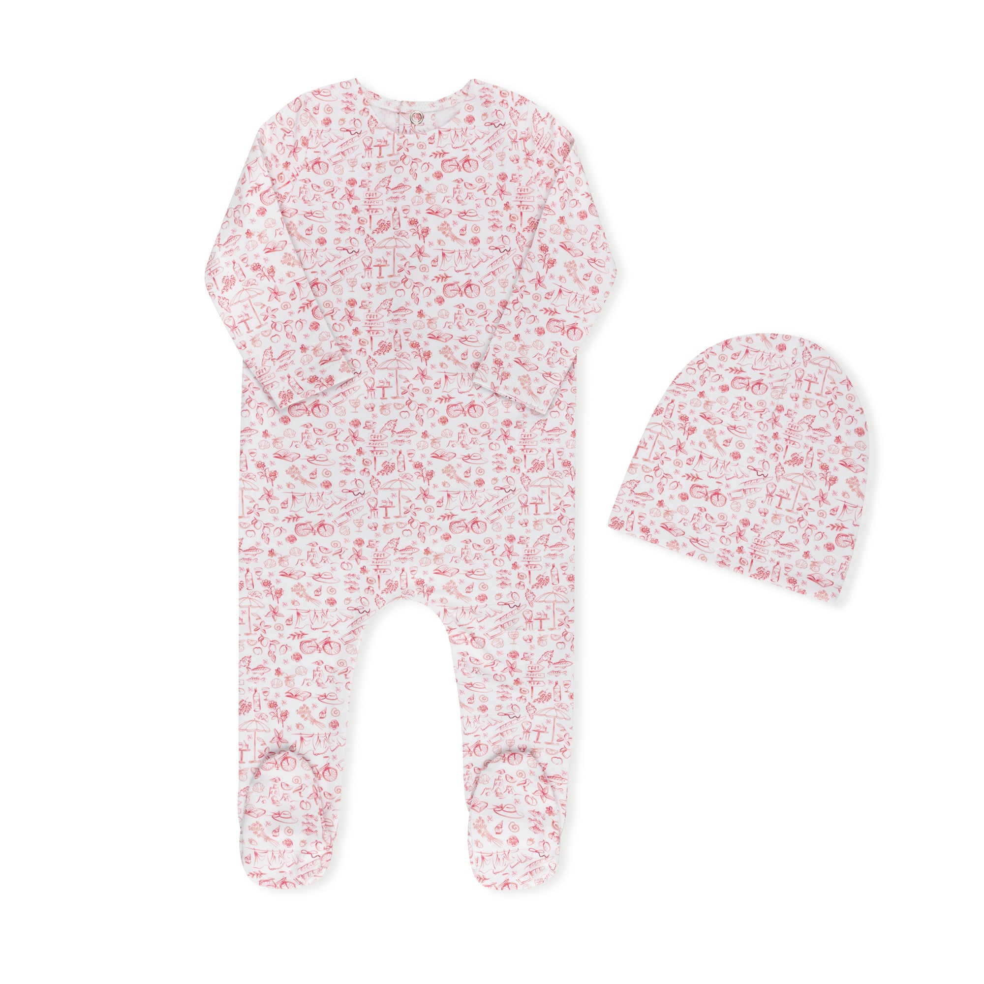 Summer print baby footie in cotton-spandex with matching hat, blue and pink