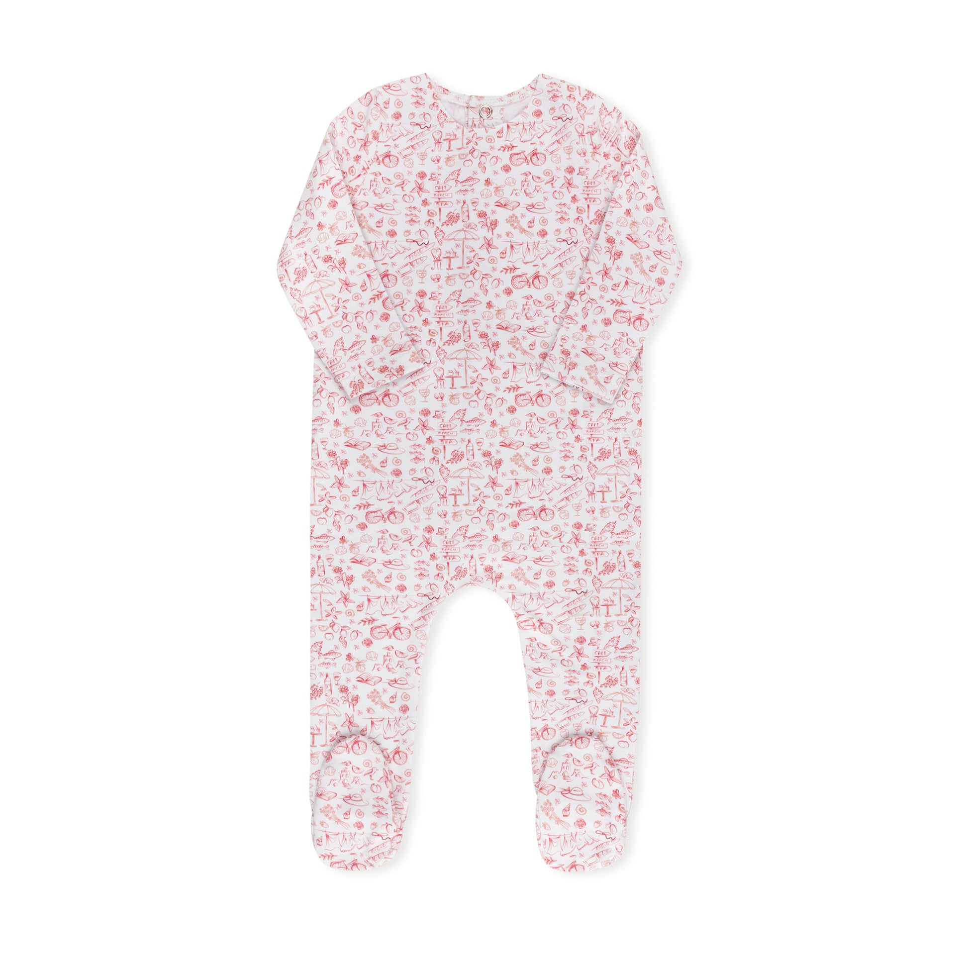 Summer print baby footie in cotton-spandex with matching hat, blue and pink