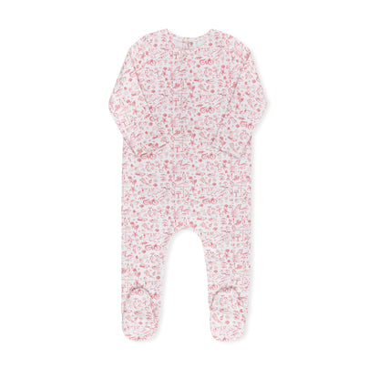 Summer print baby footie in cotton-spandex with matching hat, blue and pink